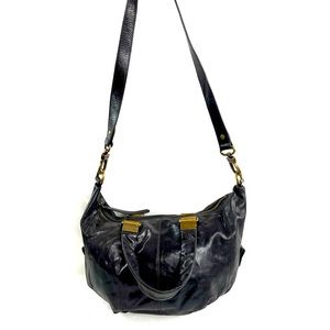 HOBO International Black Supple Leather Medium Shoulder Bag Purse Pleats Brass